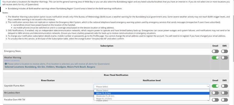Dashboard opt in screenshot - For assistance in using the Disaster Dashboard opt-in feature, please contact Council on 1300 883 699