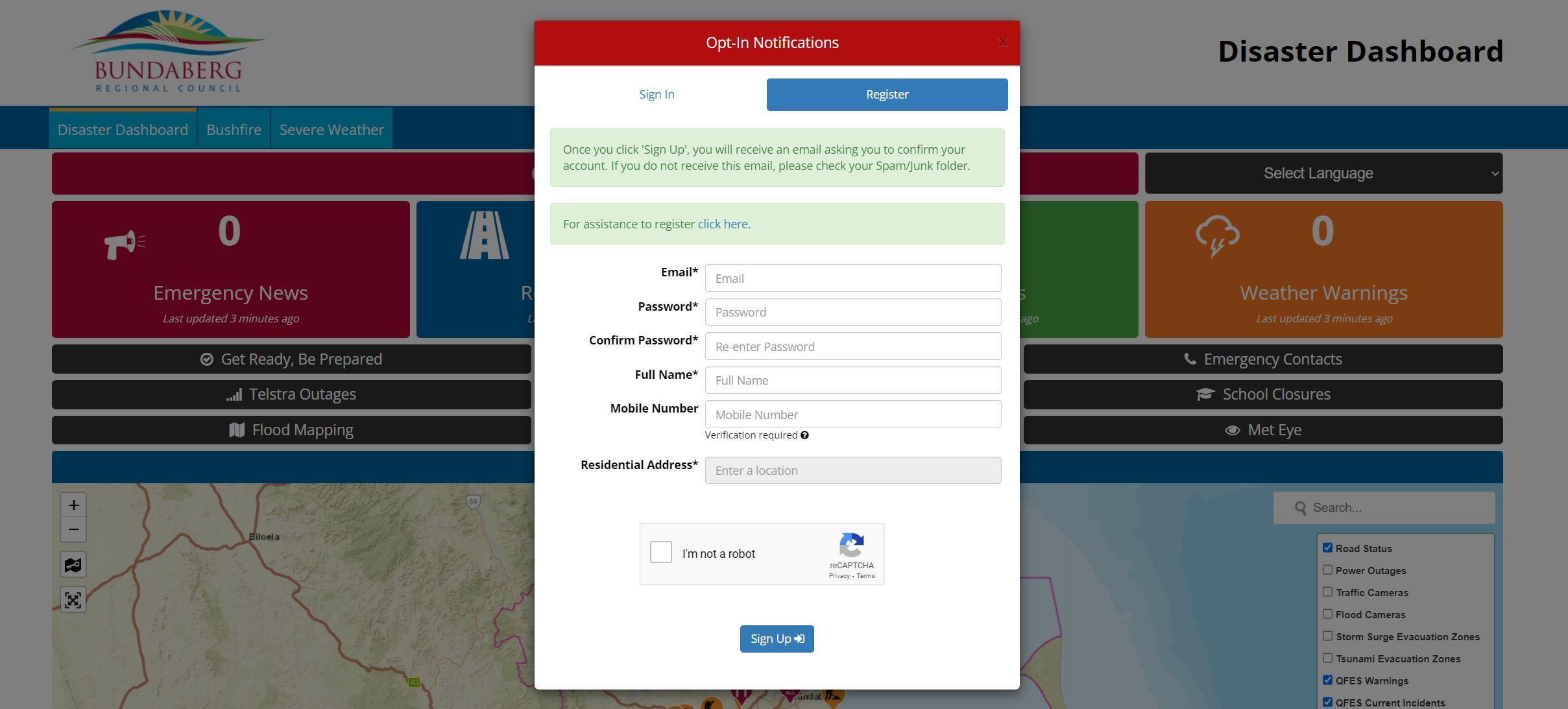 Dashboard opt in screenshot - For assistance in using the Disaster Dashboard opt-in feature, please contact Council on 1300 883 699