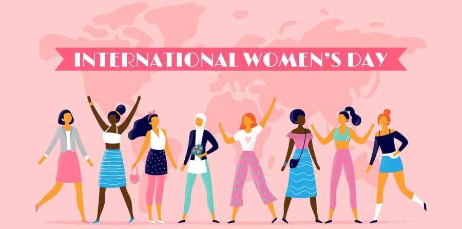 Animated picture of women under an International Women's Day sign 